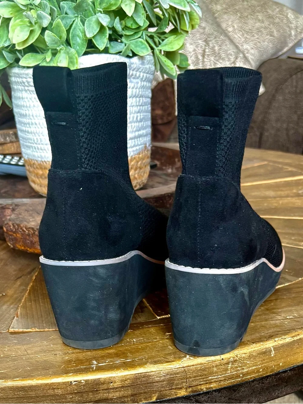 Anne Klein Black Knit Wedge Ankle Boots with Trim. Size 8